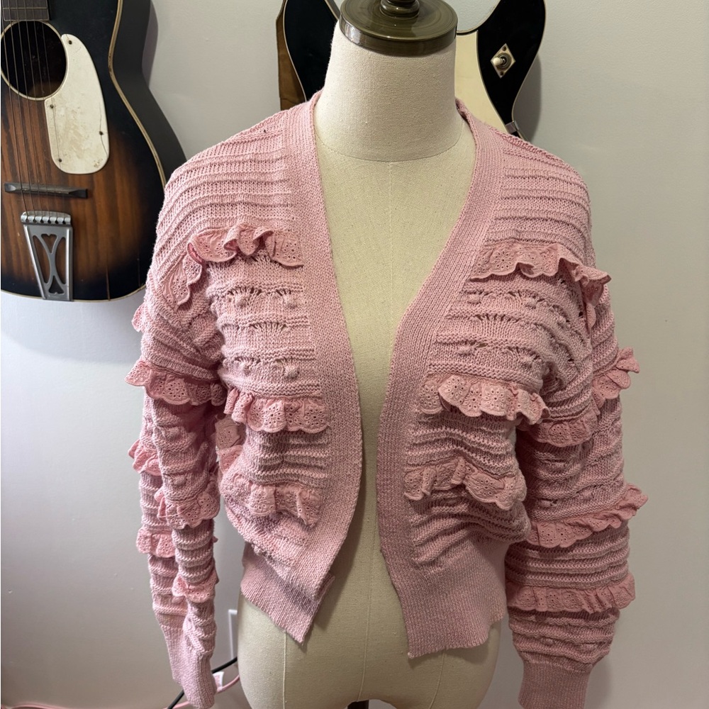 ZARA Pink Lace Ruffle Cardigan Women’s SZ Small